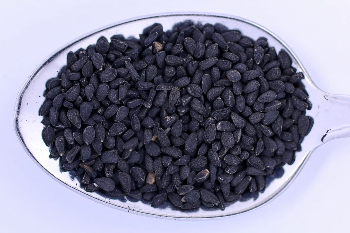 Semi di nigella neri su un cucchiaio
