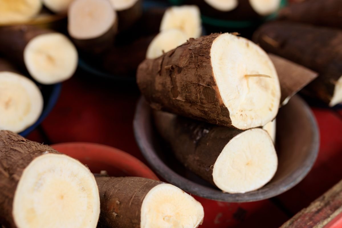 Radici di yuca (manioca) tagliate al mercato